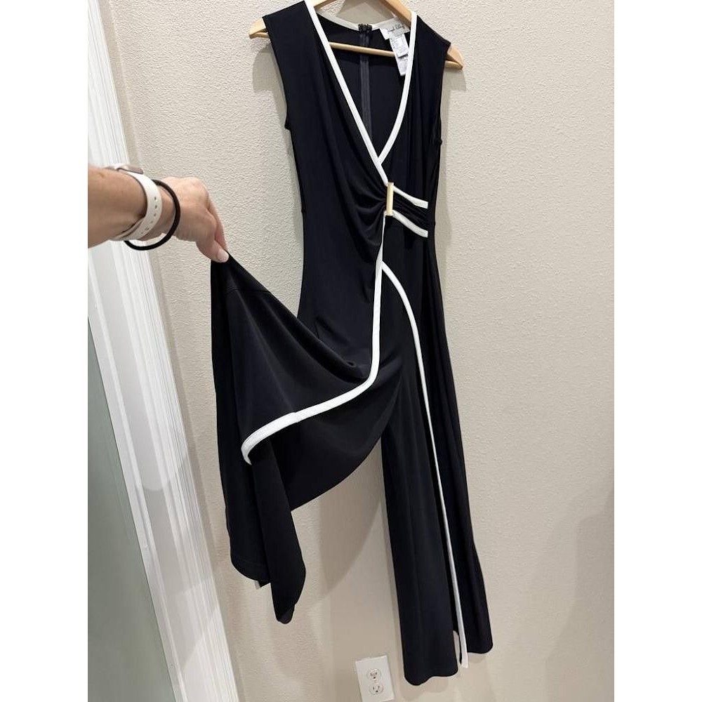 Joseph Ribkoff Silky Knit Culotte Jumpsuit Black Vanilla Gold Trim Wrap Size 6